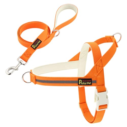 Plutus Pet Cotton Dog Harness and Lead Set, Reflective and Soft Padded, Quick Fit Vest Harness, for Small, Medium and Large Dogs, Orange, S