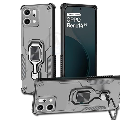 Image of AESTMO Armor Back Cover for Oppo Reno 14 5G | Ring Holder & Kickstand & Camera Protection in-Built | 360 Degree Protection Back Case Cover (Black)