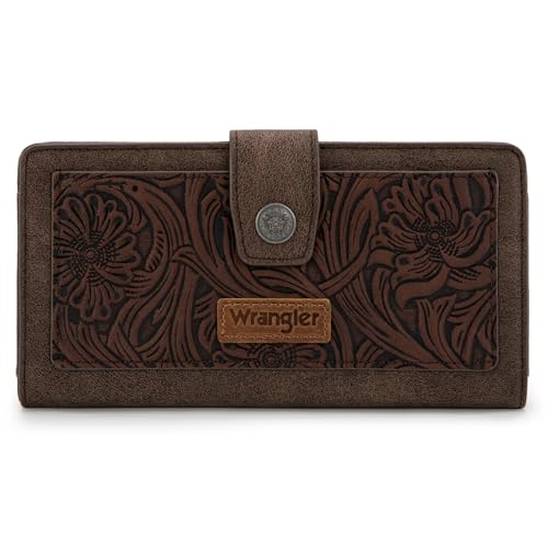 Montana West X Wrangler Large Womens Wallet Western Tooling Flower Wallets Card Cases & Money Organizers Bifold Card Cash Phone Wallet Ladies Female Travel Clutch Wallets with RFID Lining
