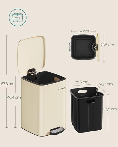 SONGMICS Mülleimer Küche, 20 Liter Abfalleimer, Tretmülleimer, Stahl, mit Inneneimer, Softclose, Offenhaltefunktion, sandbeige LTB592A02