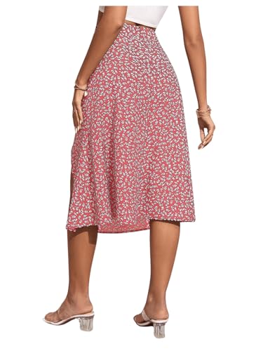 OYOANGLE Women's Boho Floral Print High Waisted A Line Split Thigh Summer Midi Skirt2