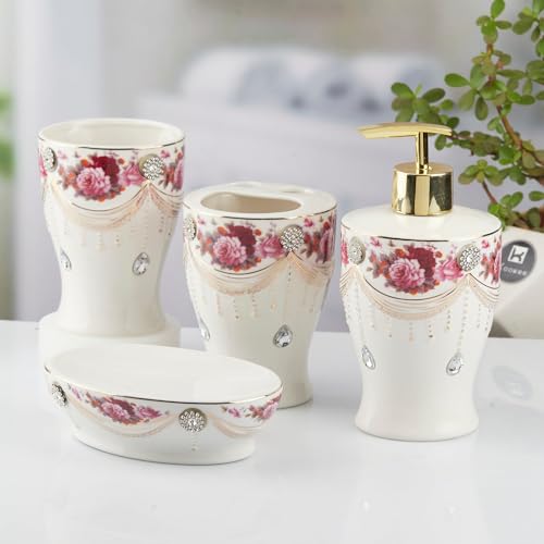Image of Kookee Ceramic Bathroom Accessories Set, 4 Piece Bath Kit with Soap Dispenser, Toothbrush Holder, Tumbler & Soap Dish | Luxury Home & Guest Bathroom Decor, White (10477)