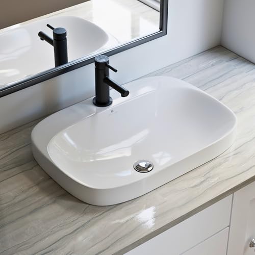 Image of 24″W x 17″D Drop In Bathroom Sink, Los Flexi White Rectangular Semi Recessed Bathroom Vessel Sink with Pop-Up Drain Kit, Single Faucet Hole, Above Counter Basin for Bathrooms