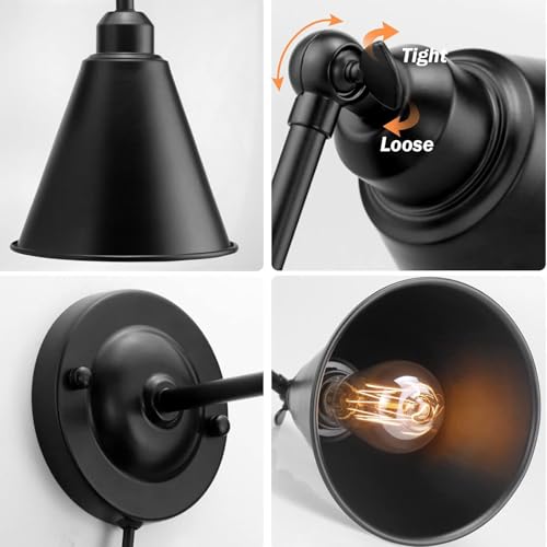 Lámpara de pared retro E27 con interruptor para cabecera de cama estilo vintage negro 5