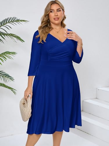 Image of Plus Size Dresses for Women A-Line V-Neck Swing Flowy 3 /4 Sleeve | 3 /4 sleeve,v neck,pockets,casual,cocktail,wedding,holiday,home,work,date party,vacation,outdoor