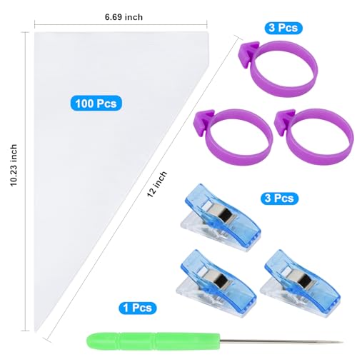 107 Pcs Piping Bags Set, 100Pcs Pastry Bags 12 Inch, Frosting Bags, Cake Decorating Bags, Decorating Bags Piping Bags Disposable with 3 Bag Ties, 3 Clips & 1 Scriber Needle