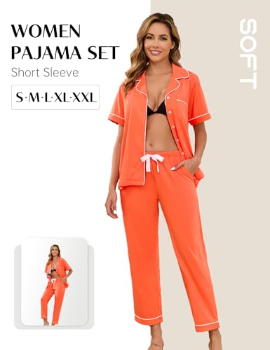 Image of COLORFULLEAF Women's 100% Cotton Pajamas Set Button Down Sleepwear Short Sleeve Shirt and Long Pants Soft Ladies Lounge Sets