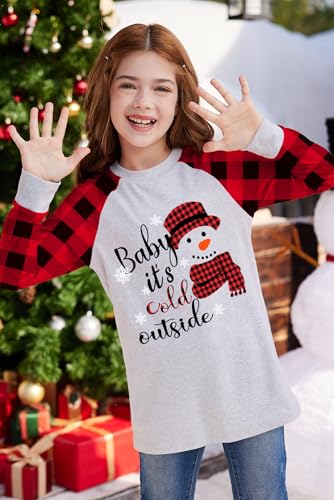 Image of BesserBay Girl's Christmas Buffalo Plaid Raglan Top Funny Holiday Graphic Shirt 4-14 Years