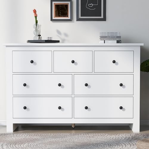 Dolamaní Cómoda con cajones, aparador con 7 cajones, muebles de sala de estar, aparadores y aparadores, asas exquisitas, patas de apoyo macizas, blanco (blanco, 140 x 40 x 89 cm) Dolamaní Cómoda con cajones, aparador con 7 cajones, muebles de sala de estar, aparadores y aparadores, asas exquisitas, patas de apoyo macizas, blanco (blanco, 140 x 40 x 89 cm)