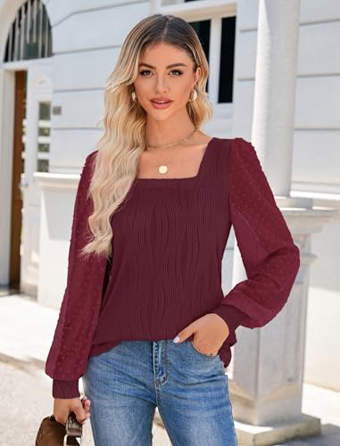 JUSTFASHIONNOW Fall Long Sleeve Shirts for Women Blouses Dressy Casual Square Neck Puff Sleeve Tops Textured Knit T Shirts3