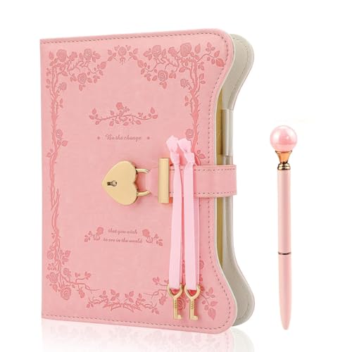 Image of Climberty B6 Heart Lock Diary for Girls Aesthetic, Rose Embossed PU Leather Journal with Keys, 180 Sheets Vintage Floral Personal Writing Notebook Set with Pearl Pen, Secure Diary with Lock for Women