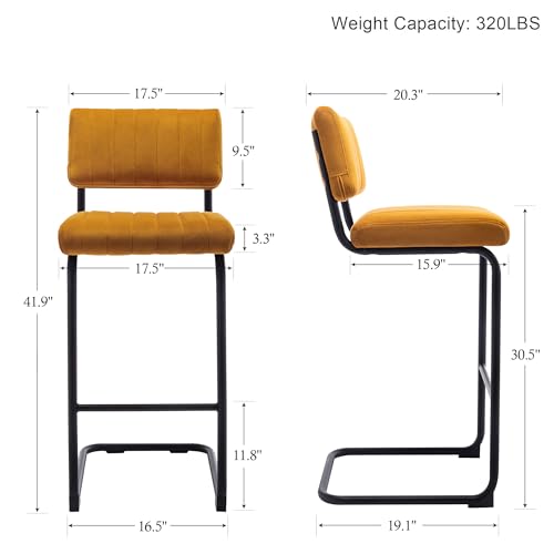 Image of ONEVOG 30.5'' Modern Bar Stools Set of 4, Upholstered Mid Century Modern Bar Height Stools Chairs with Tufted Cushion and Backs, Velvet Fabric Cantilever Barstools for Kitchen Island Pub