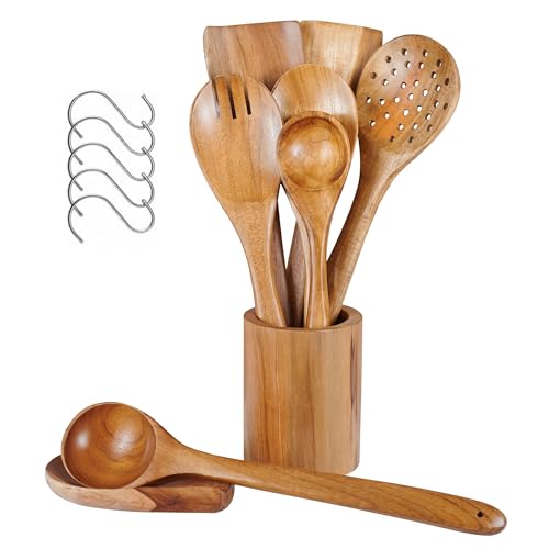 Wooden Spatula Spoons for Cooking, Utensil Set with Holder, Spoon Rest & Hooks, Teak Wood Nonstick Kitchen Cookware – 8-piece set of wooden utensils with 6 metal hooks