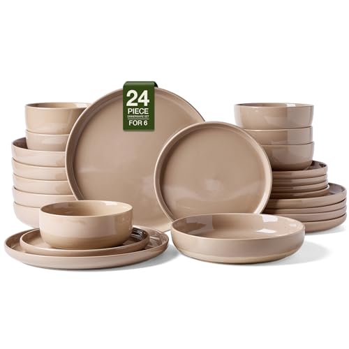 Image of Famiware Milkyway Stoneware Dinnerware Sets with Pasta Bowls, Service for 6 (24 Pieces), Plates and Bowls Sets -Scratch Resistant, Microwave and Dishwasher Safe Dishes Set, Cinnamon Brown