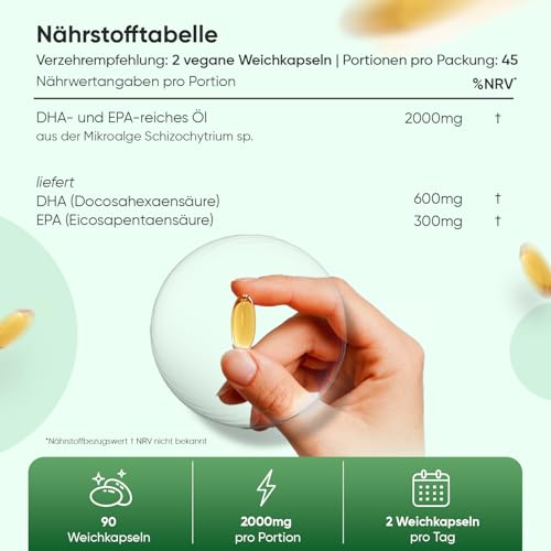 Omega 3 Vegan - 90 Weich-Kapseln - 2000 mg Omega 3 Algenöl liefern 600 mg DHA & 300 mg EPA pro Portion - EPA & DHA tragen zur normalen Herzfunktion bei (EFSA) - WeightWorld