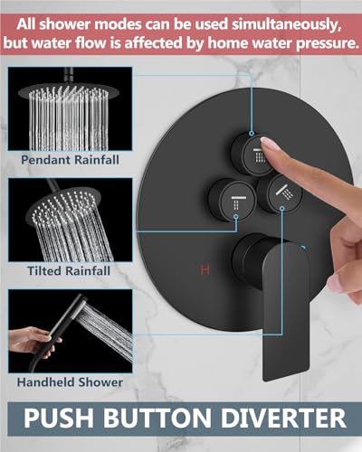 Sistema de Ducha Aolemi con Doble Cabezal 12 y 6 Pulgadas Negro Mate | con Pulverizador de Mano, Válvula y Kit de Recorte, Diverter Botón Presión, Cabezal Superior 12"+ Pared 6" Redondo Lluvia, Baño miniatura 2