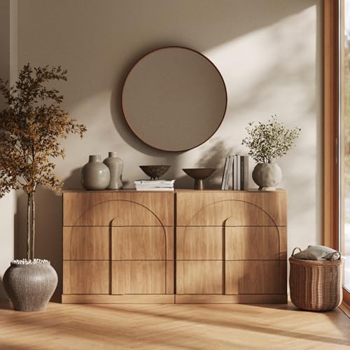 Image of BELLEZE Sideboard Cabinet with 3 Drawers, Set of 2 Modern Wood Buffet Cabinet with Arc Design, Large Fluted Sideboard with Storage for Kitchen Living Room Entryway, Camel