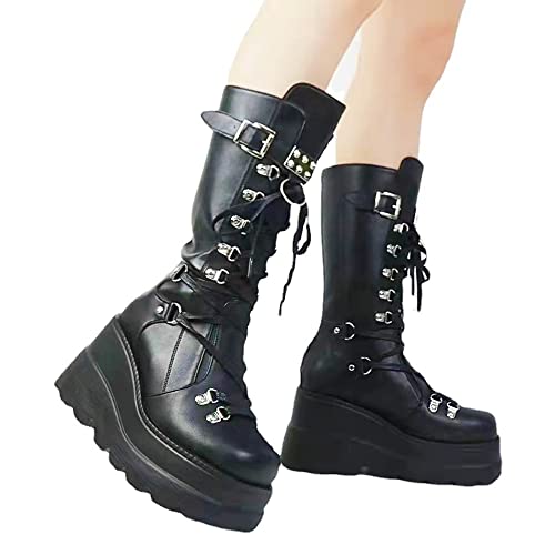 Image of Gothniero High Platform Knee Boots Chunky Heel Wedge Black Boots For Women Combat Goth Punk Motorcycle Booties Zip up With Metal Buckles Size5-11