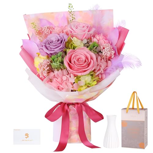 Echte roos met vaas, gestabiliseerd boeket, eeuwige roos, cadeau voor Valentijnsdag, verjaardag, voor je vrouw, vriendin, moeder, meisje, Moederdag, jubileum (roze en paars)
