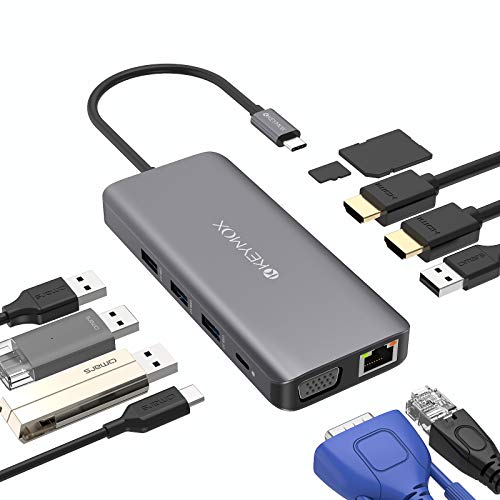 KEYMOX USB-C Laptop Docking Station, USB-C Hub, 11in1 Triple Display (Dual 4K HDMI&VGA) Type-C Adapter for HP Dell MacBook Pro and Windows (1Gbps Ethernet LAN, 100W PD, 4 x USB, SD TF Card Reader) by Keymox - Used condition - CA$20.01
