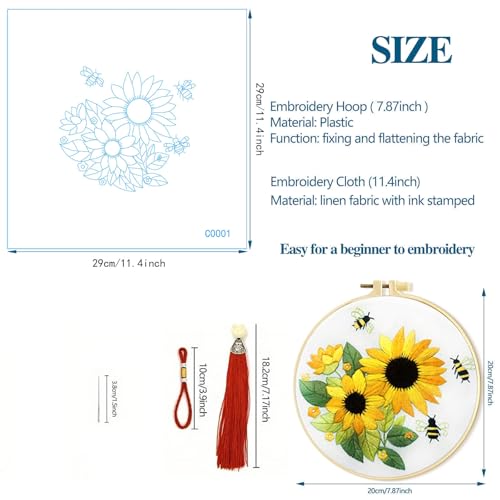 Image of Zhenqing Sunflower Embroidery Kit 3 Designs | 11.4 inchx11.4 inch Beginner-Friendly Hand Embroidery Set with Hoop & DMC Threads | DIY Home Wall Decor, Mindful Gift for Mothers Day C0005