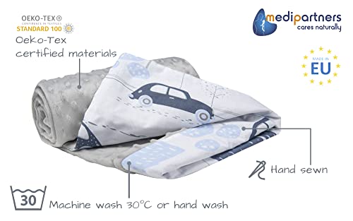 Medi Partners Baby Blanket Newborn Pram Soft 100% Cotton 75x100 Cot Toddler Comfort universal Cuddly Fluffy Crawling Plush bilateral Blankets (Retro Cars with grey Plush) - Image 2