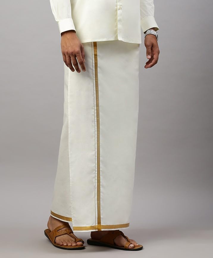 Image of RAMRAJ COTTON Men Cotton Single layer Dhoti With Gold Jari Border (Pack of 2)