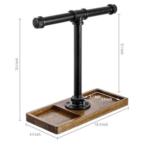 Image of MyGift Premium Acacia Solid Wood and Industrial Black Metal Pipe T-Bar Over Ear Headphones Holder, Tabletop Dual Headphone Display Stand with Accessories Tray