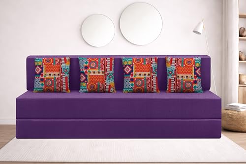 Image of Rosebell Four Seater Foldable Sofa Cum Bed (6x6 Feet) ? Jute Fabric, Washable Removable Cover, Includes Cushion | Space Saving Convertible Sofa Bed for Home, Office & Guests - Purple