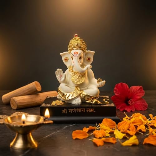 Image of Ganesha Idol for Home Decor | 4 Inch Golden Resin Ganpati Murti | Small Ganesh Ji Idol for Car Dashboard, Office Desk, Pooja Room | Vastu Decorative Statue (172g)