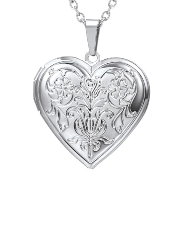 U7 Collier Porte Photo Coeur Femme Pendentif Motif Fleurs avec Chaîne Fine 55cm/Réglable