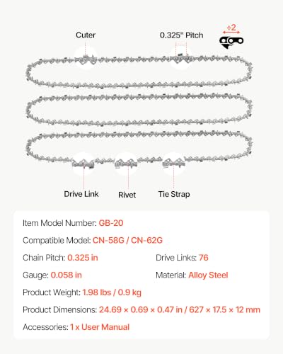 Image of VEVOR Chainsaw Chain 3 Pack 20 Inch 0.325 inch Pitch 0.058 inch Gauge 76 Drive Link