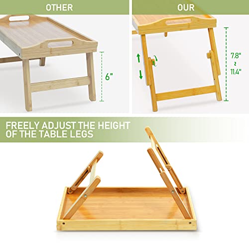 Mayyol Large Breakfast Bed Tray For Eating - Height Adjustable Raised Food Table - Bamboo Serving Tray On Lap Sofa - Portable Snack Platter With Folding Legs Ideal For Bedroom Picnic - Natural #TOP1