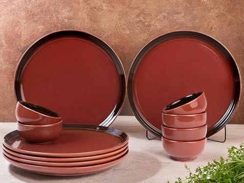 Image of Bodhi House Handcrafted Chip Resistant Porcelain Solid Dinner Set, 12 Pieces Dish Set Serving for 6, Microwave and Dishwasher Safe, Bone-Ash Free, Crockery Set for Dining and Gifting, Deep Red