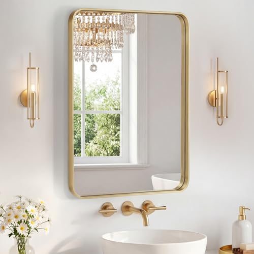Image of NEWBULIG 20X28 Inch Bathroom Mirror for Over Sink, Wall Vanity Mirrors Tempered Glass, Anti-Rust Metal Framed Rounded Rectangle, Hangs Horizontally or Vertically, Farmhouse Home Decor, Gold