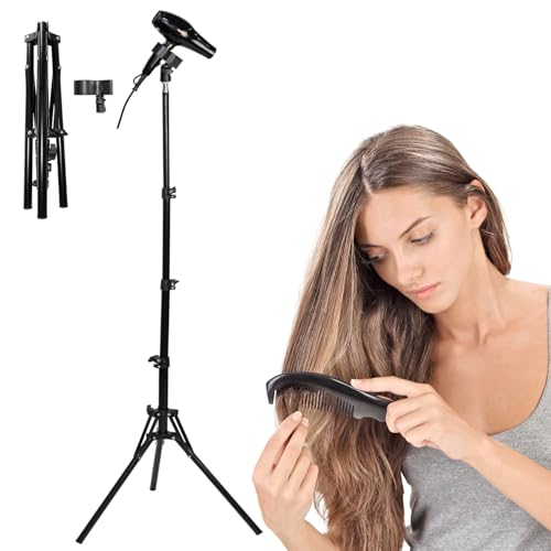 Shouken Adjustable Hands-Free Hair Dryer Stand Holder-64.4 inches 360 Degree Rotation Blow Dryer Holder Countertop With Non-Slip Tripod and Universal Clip