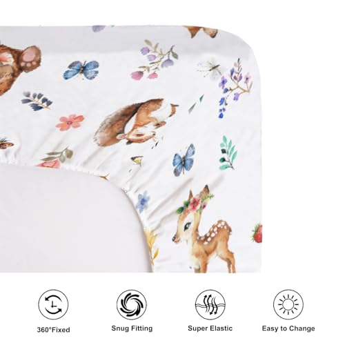 Image of Cute Animals Fitted Baby Crib Sheet for Boy Girl 52 inchx28 inch Bear Squirrel Deer Hedgehog Floral Leaves Soft Breathable Baby Nursery Bed Sheet Fits Standard Crib and Toddler Bed Mattresses