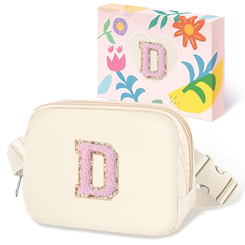 Image of COSHAYSOO Birthday Initial Gifts for Teen Girls 6 7 8 9 10 11 12 13 14 Year Old, Fanny Pack Belt Bag Crossbody Shoulder Purse Ivory Chenille Letter D