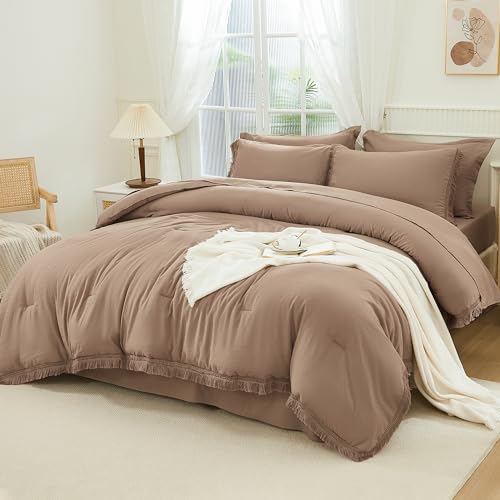 Image of Andency Taupe Full Size Comforter Set with Sheets - 7 Pieces Boho Tassel Bed in a Bag Soft Lightweight Bedding Sets, Taupe Fringe Bed Set with Comforter, Sheets, Pillowcases & Shams