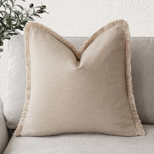 Image of Foindtower Decorative Linen Fringe Throw Pillow Covers Cozy Boho Farmhouse Cushion Cover with Tassels Soft Accent Pillowcase for Chair Sofa Bed Living Room Home Decor, 18x18 Inch, 1PC,Tan Beige