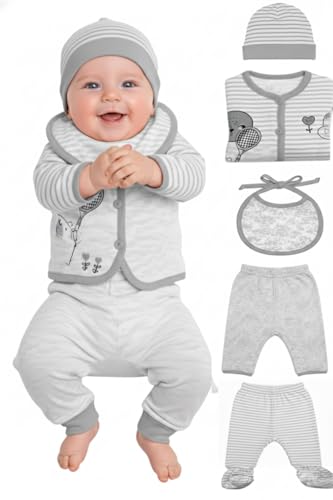 Image of New Born Baby Winter Wear Clothes for Baby Boy & Girl 5 Pieces with Jacket, Pants, Bib, and Booties | New Born Baby Winter Wear (0-3 Months)