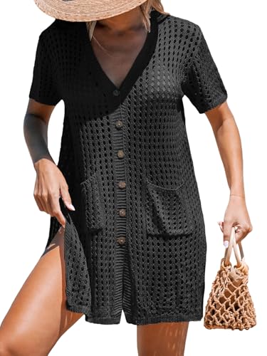 CUPSHE Crochet Coverups for Women Short Sleeve Button Front Beach Cover Ups Dress Black, S