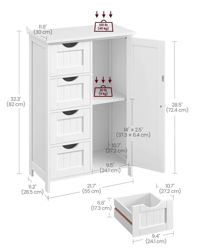 VASAGLE Bathroom Floor Storage Cabinet, Wooden Storage Unit with 4 Drawers, Single Door, Adjustable Shelf, for Living Room, Kitchen, Entryway, White LHC41W - Image 3