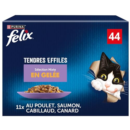 FELIX | Tendres Effilés | En Gelée | Chat Adulte | Recette 100% Complète et Equilibrée | Sélection au Saumon, Poulet, Canard et Cabillaud | Sachets Fraîcheurs | Boîte de 44 x 85g