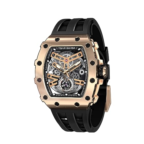 TSAR BOMBA Mens Automatic Watch Tonneau Luxury Skeleton Watches for Men Mechanical 50M Waterproof Analogue Watches Mens Unique Cool Silver Square Big Face Dial Wristwatch with Silicone Strap Band (B09MHWXWYV) Amazon Price History, Amazon Price Tracker