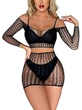 SEXYTINE Women's Fishnet Dress Long Sleeve Top and Mini Skirt Lingerie Set (Black, One Size)