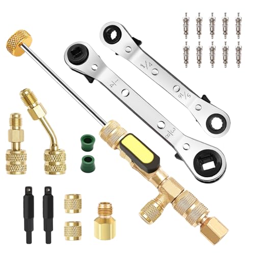 Wayona 22Pcs Valve Core Removal Tool and HVAC Service Wrench Set with Hex Bit Adapters, Dual Size SAE 1/4 & 5/16 Port, 3/16'' to 3/8'', 5/16'' x 1/4'' Refrigeration Service Wrench, 10pcs Valve Core