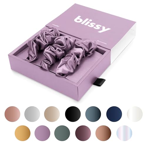 Image of Blissy Silk Scrunchies (3 Pack) - 100% Pure Mulberry Silk - 22 Momme 6A High-Grade Fibers Scrunchie for Straight & Curly Hair - Preventing Breakage, Tangling, & Creasing (Lavender Skinny)