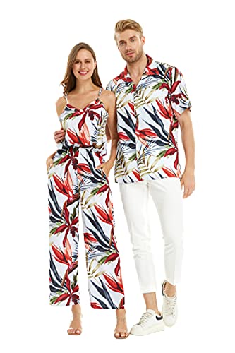 Matchable Couple Hawaiian Luau Shirt or V-Neck Jumpsuit with Pockets in Garden at Dawn