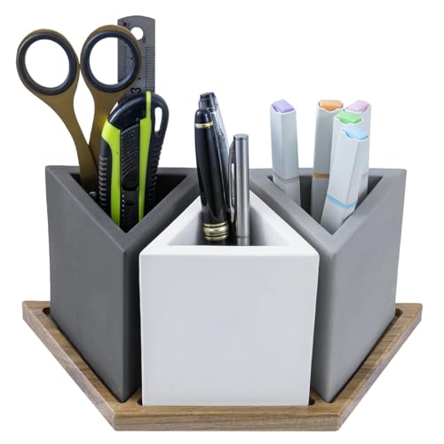 MyGift モダンコンクリートデスクオーガナイザーセット 三角形のグレートーンペンホルダー3個とアカシアウッドトレイ付き 4ピースオフィス収納ソリューション ペン、鉛筆、備品用